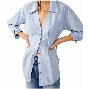 New FREE PEOPLE WTF Womens Marten Oxford Blue and White Pinstripe Cotton Shirt